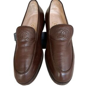 COPY - Classic Chanel Brown Leather Loafers with Stitched CC Logo - Size 37